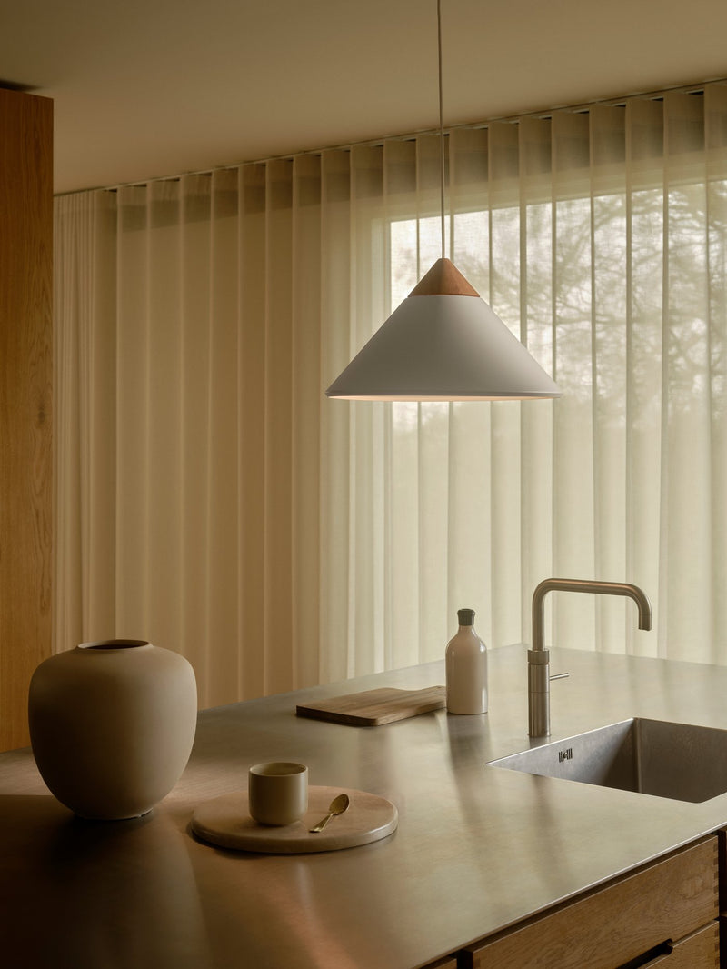 Load image into Gallery viewer, Candeeiro Suspenso Cone Branco com Madeira e Latão Kinto NORDLUX
