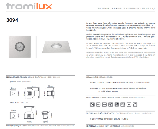 Projector de Chão Exterior de Encastrar LED 2.8W 3000K Tromilux