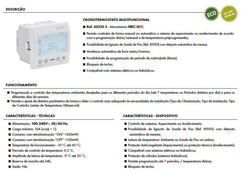 Carregue imagem no visualizador da galeriaEfapel - Cronotermostato multifuncional digital - 2 módulos - Branco - 45235 SBR - Série Quadro 45
