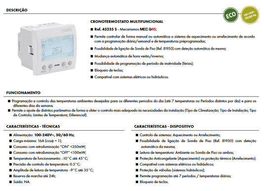 Efapel - Cronotermostato multifuncional digital - 2 módulos - Branco Mate - 45235 SBM - Série Quadro 45