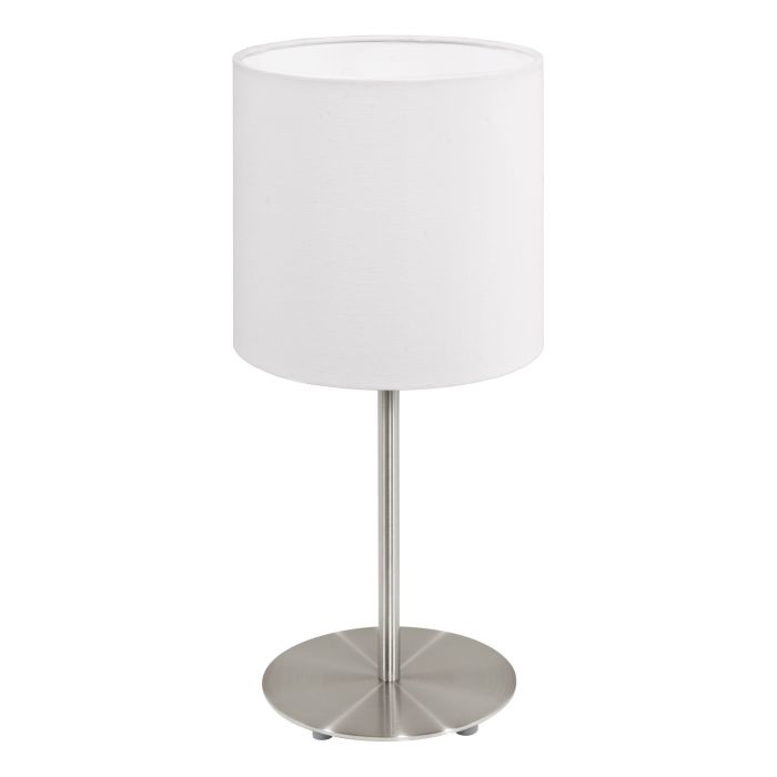 Cargue la imagen en el visor de la galería, Candeeiro de Mesa com Base Níquel Mate e Abajur Têxtil Branco PASTERI EGLO
