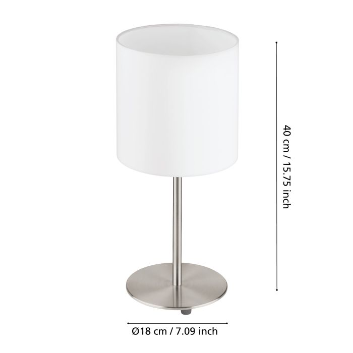 Cargue la imagen en el visor de la galería, Candeeiro de Mesa com Base Níquel Mate e Abajur Têxtil Branco PASTERI EGLO
