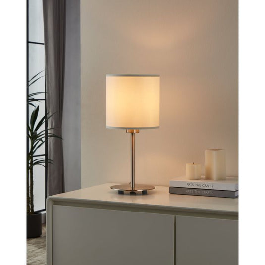 Candeeiro de Mesa com Base Níquel Mate e Abajur Têxtil Branco PASTERI EGLO