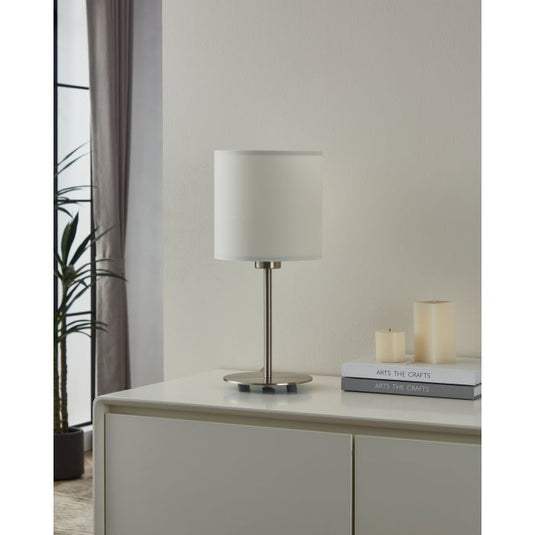 Candeeiro de Mesa com Base Níquel Mate e Abajur Têxtil Branco PASTERI EGLO