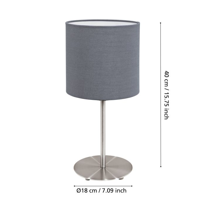 Cargue la imagen en el visor de la galería, Candeeiro de Mesa com Base Níquel Mate e Abajur Cinza PASTERI EGLO
