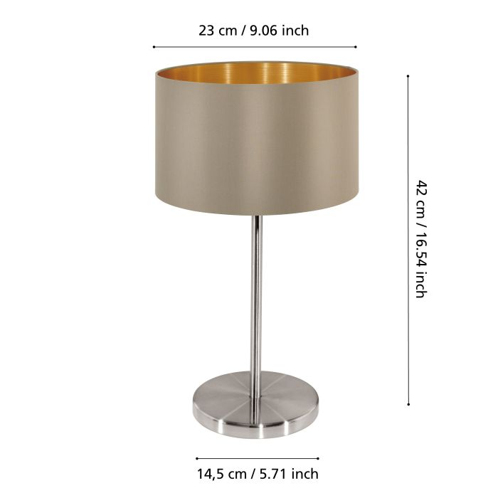 Cargue la imagen en el visor de la galería, Candeeiro de Mesa com Base Níquel Mate e Abajur Taupe MASERLO EGLO
