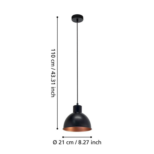 Candeeiro de Teto Suspenso TRURO 1 com Abajur Preto e Interior Cobre