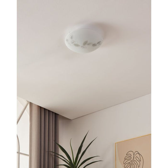 Plafon de Teto com Vidro Branco Acetinado e Motivo de Folhas MARS EGLO