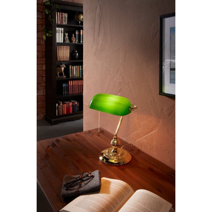 Load image into Gallery viewer, Candeeiro de Mesa em Aço Latão e Vidro Verde BANKER EGLO
