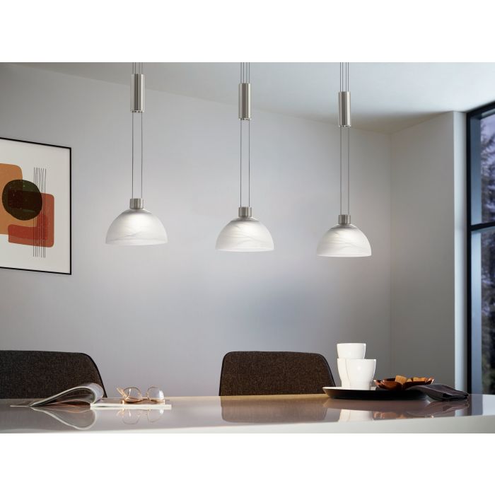 Load image into Gallery viewer, Candeeiro de teto suspenso MONTEFIO com 3 abajures em vidro branco e LEDs integrados
