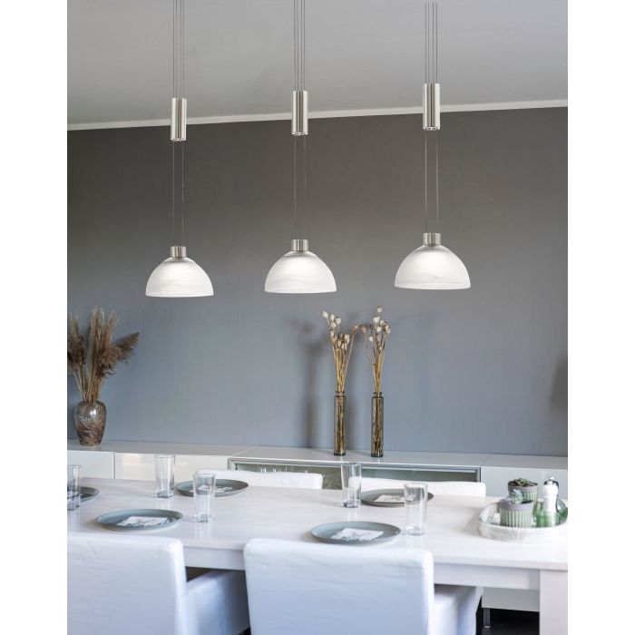 Load image into Gallery viewer, Candeeiro de teto suspenso MONTEFIO com 3 abajures em vidro branco e LEDs integrados

