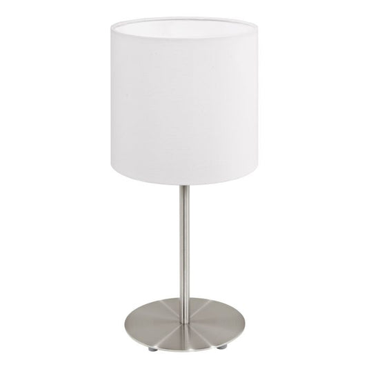 Candeeiro de mesa com base metálica níquel mate e abajur branco PASTERI EGLO
