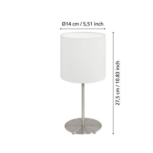 Candeeiro de mesa com base metálica níquel mate e abajur branco PASTERI EGLO