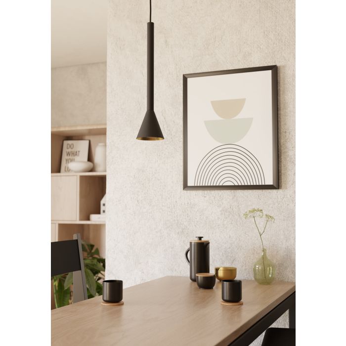 Load image into Gallery viewer, Candeeiro de teto suspenso metálico preto com interior dourado CORTADERAS EGLO
