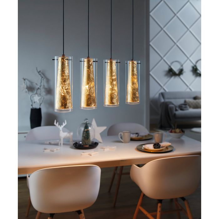 Carregue imagem no visualizador da galeriaCandeeiro de teto com quatro abajures de vidro dourado PINTO GOLD EGLO
