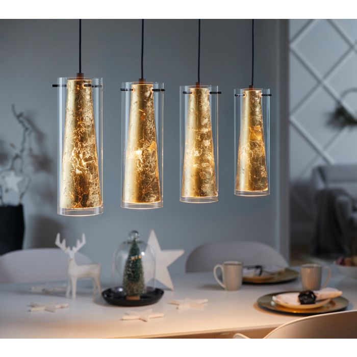 Carregue imagem no visualizador da galeriaCandeeiro de teto com quatro abajures de vidro dourado PINTO GOLD EGLO
