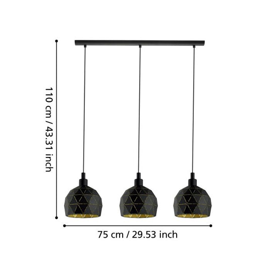 Candeeiro de teto com três abajures geométricos em metal preto ROCCAFORTE EGLO