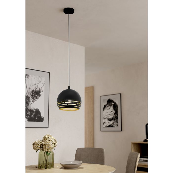 Load image into Gallery viewer, Candeeiro de teto suspenso com abajur metálico preto e dourado CAMASTRA EGLO
