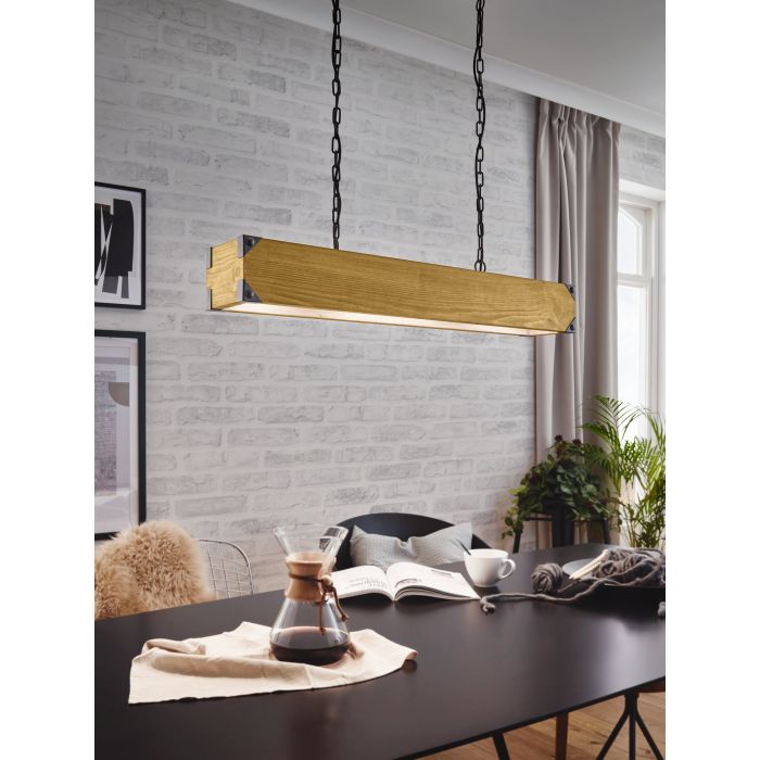 Load image into Gallery viewer, Candeeiro de teto suspenso com madeira e metal preto HARBOROUGH EGLO
