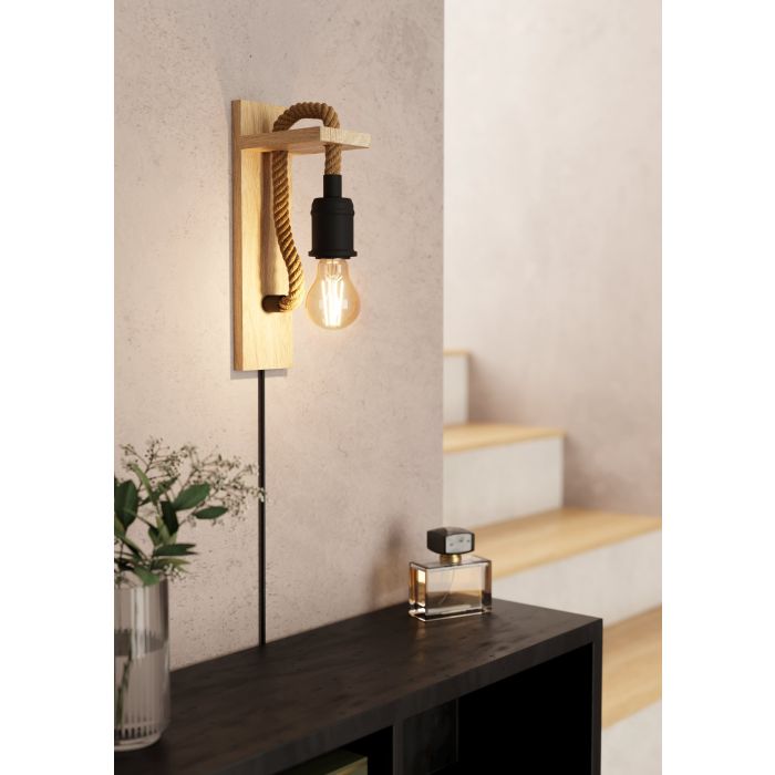 Load image into Gallery viewer, Aplique de Parede com Madeira e Metal Preto RAMPSIDE EGLO
