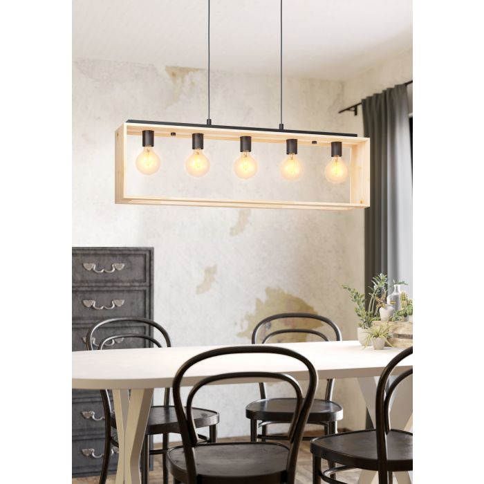 Carregue imagem no visualizador da galeriaCandeeiro de teto suspenso com madeira natural e metal preto FAMBOROUGH EGLO

