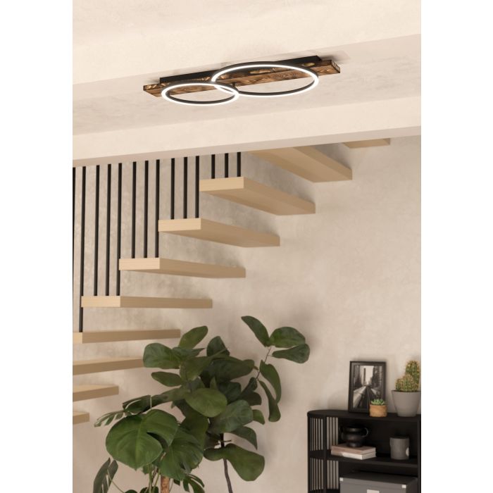 Carregue imagem no visualizador da galeriaCandeeiro de teto LED com madeira e metal preto BOYAL EGLO
