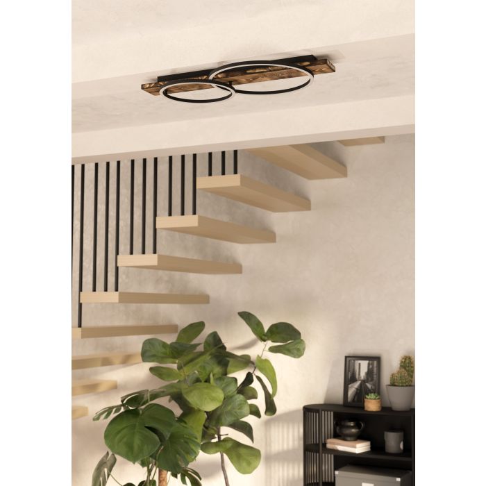 Carregue imagem no visualizador da galeriaCandeeiro de teto LED com madeira e metal preto BOYAL EGLO
