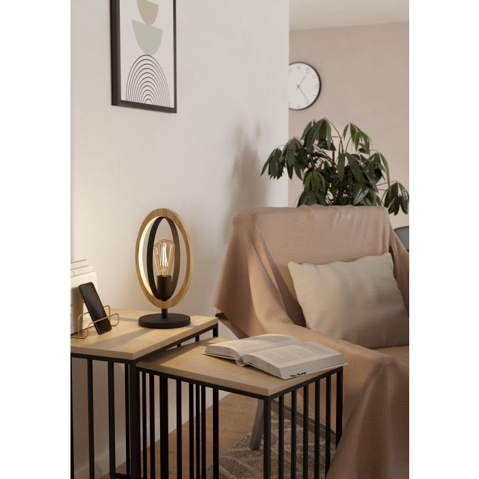Carregue imagem no visualizador da galeriaCandeeiro de Mesa com Elemento Oval em Madeira e Metal Preto BASILDON EGLO
