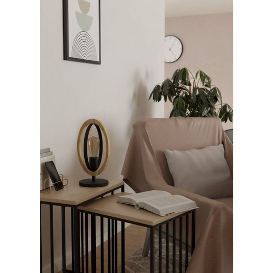 Candeeiro de Mesa com Elemento Oval em Madeira e Metal Preto BASILDON EGLO