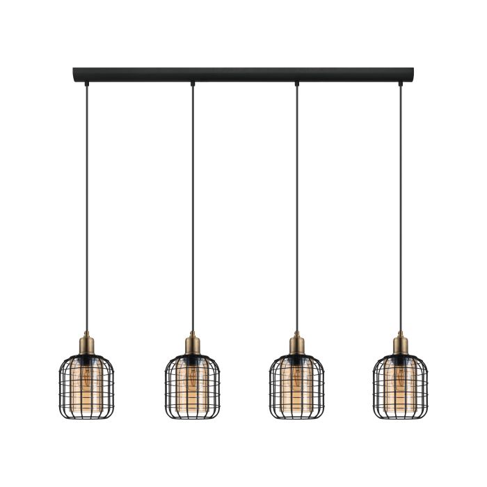 Carregue imagem no visualizador da galeriaCandeeiro de teto suspenso com quatro abajures pretos e vidro âmbar CHISLE EGLO
