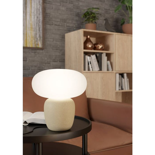 Candeeiro de Mesa com Base Cerâmica Creme e Abajur de Vidro Branco CAHUAMA EGLO