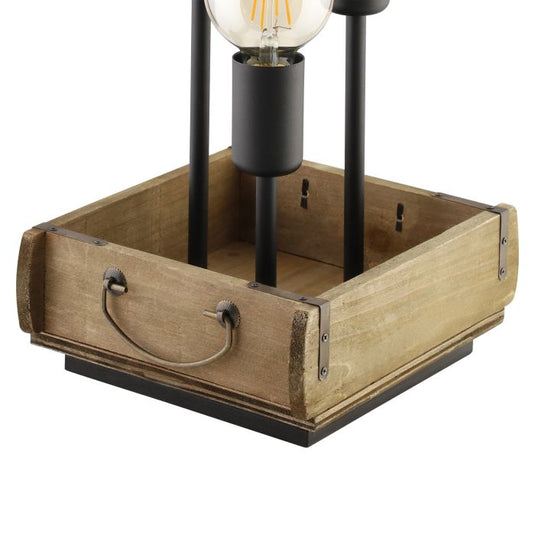 Candeeiro de Mesa com Caixa de Madeira Vintage e Suportes Metálicos Pretos WOOTTON EGLO