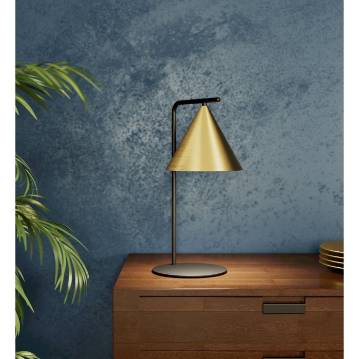 Chargez l'image dans la visionneuse de la galerie, Candeeiro de Mesa com Base Curva em Metal Preto e Abajur Cónico Latão Escovado NARICES EGLO
