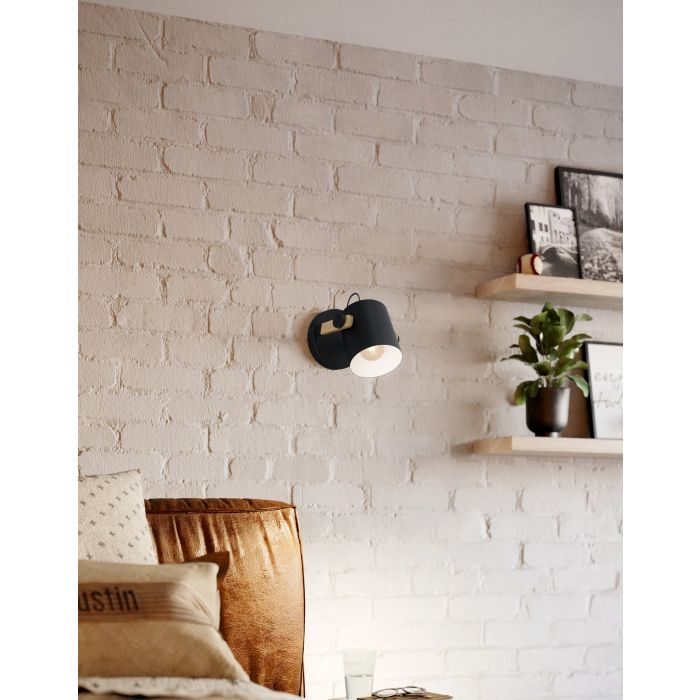 Load image into Gallery viewer, Aplique de Parede Preto-Creme com Madeira HORNWOOD EGLO
