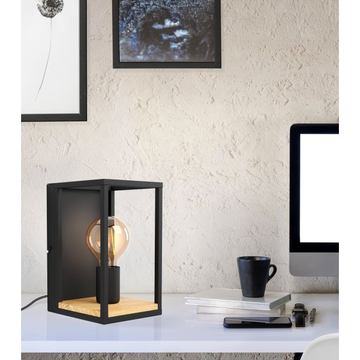 Cargue la imagen en el visor de la galería, Aplique de Parede Retangular em Metal Preto e Madeira LIBERTAD EGLO

