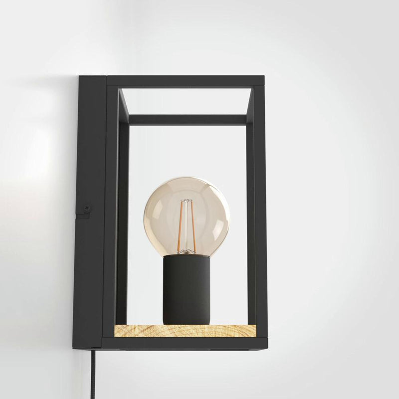 Cargue la imagen en el visor de la galería, Aplique de Parede Retangular em Metal Preto e Madeira LIBERTAD EGLO
