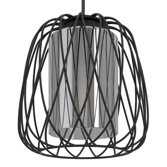 Candeeiro de teto com abajur de arame preto e vidro fumado FLORESTA EGLO