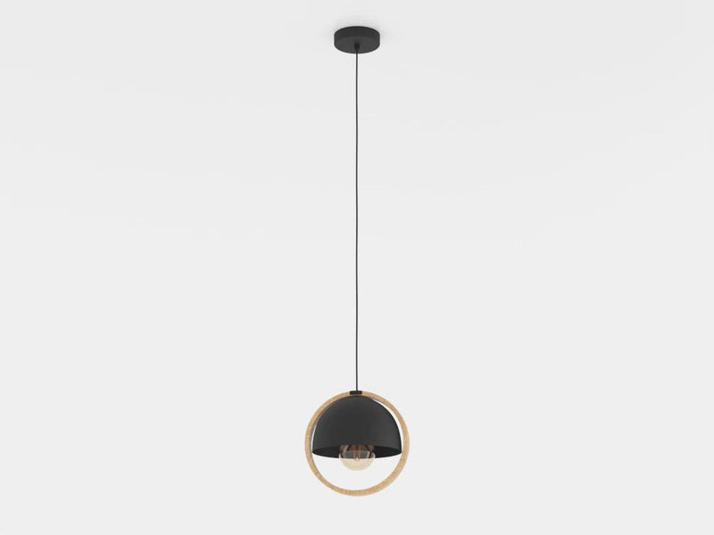 Carregue imagem no visualizador da galeriaCandeeiro de teto suspenso com abajur redondo em aço preto e madeira CALLOW EGLO
