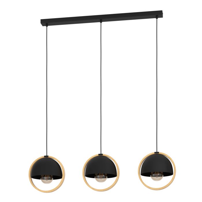 Carregue imagem no visualizador da galeriaCandeeiro de teto suspenso com 3 abajures em aço preto e madeira CALLOW EGLO
