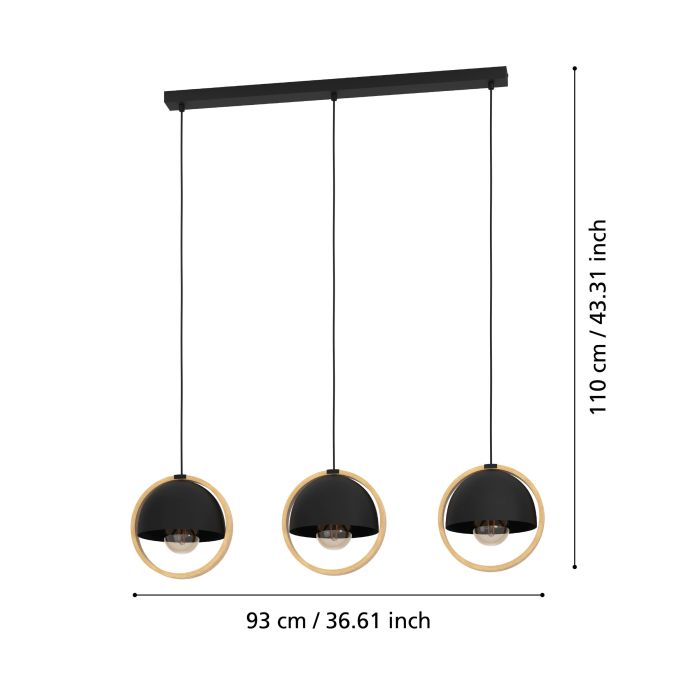 Carregue imagem no visualizador da galeriaCandeeiro de teto suspenso com 3 abajures em aço preto e madeira CALLOW EGLO
