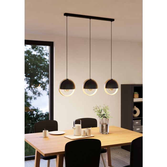 Carregue imagem no visualizador da galeriaCandeeiro de teto suspenso com 3 abajures em aço preto e madeira CALLOW EGLO
