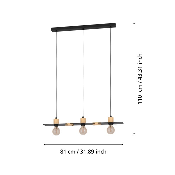 Carregue imagem no visualizador da galeriaCandeeiro de teto suspenso com madeira natural e metal preto BRAMERTON EGLO
