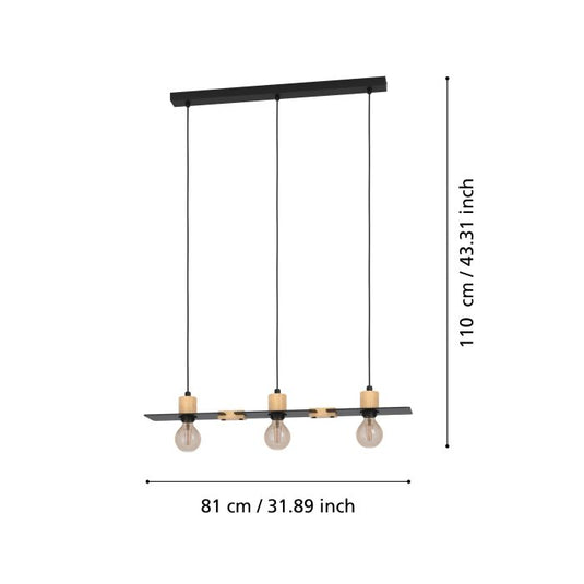 Candeeiro de teto suspenso com madeira natural e metal preto BRAMERTON EGLO