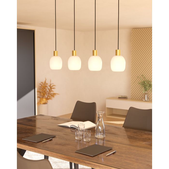 Carregue imagem no visualizador da galeriaCandeeiro de teto com quatro abajures de vidro branco MANZANARES EGLO
