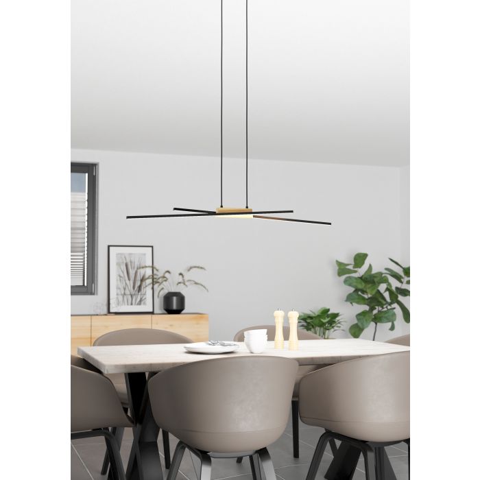 Load image into Gallery viewer, Candeeiro de teto suspenso LED em metal preto e madeira PANAGRIA EGLO
