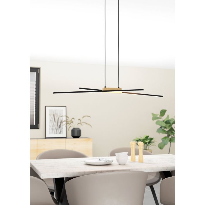 Load image into Gallery viewer, Candeeiro de teto suspenso LED em metal preto e madeira PANAGRIA EGLO
