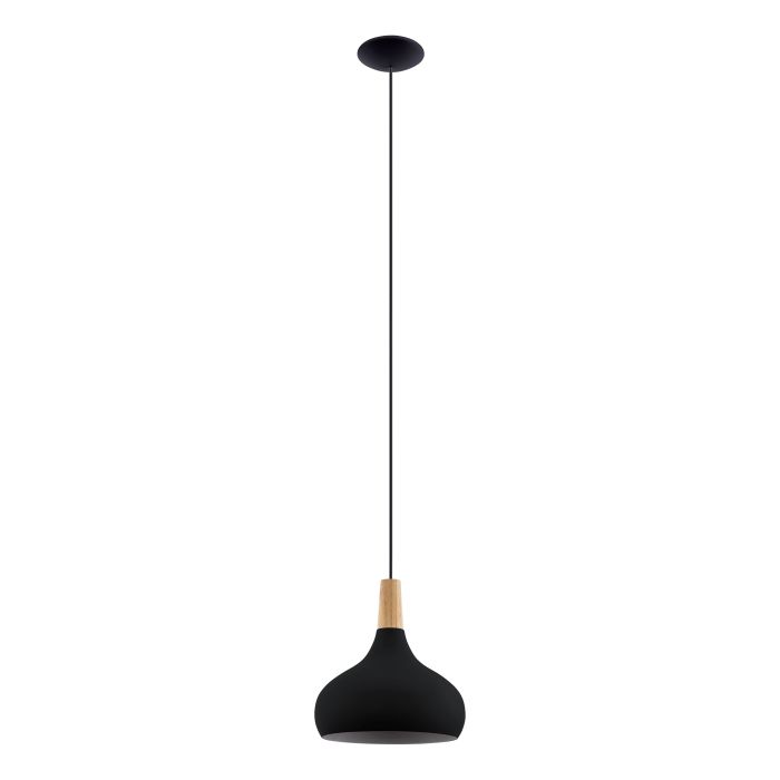 Cargue la imagen en el visor de la galería, Candeeiro de teto suspenso SABINAR em metal preto e madeira castanha, 28 cm

