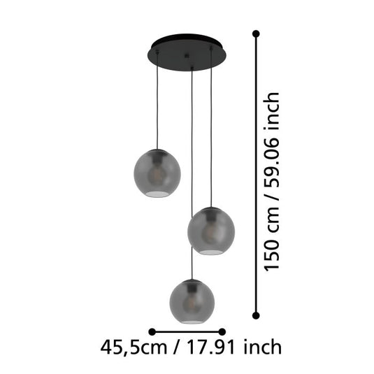 Candeeiro de teto com três lâminas esféricas de vidro mate cinzento ARANGONA EGLO