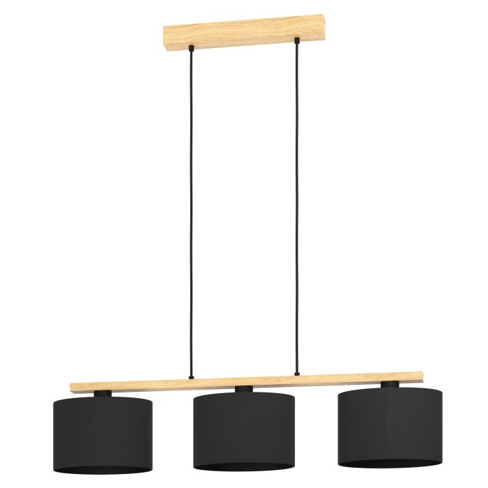 Cargue la imagen en el visor de la galería, Candeeiro de teto suspenso com barra de madeira castanha e abajures pretos CASTRALVO EGLO
