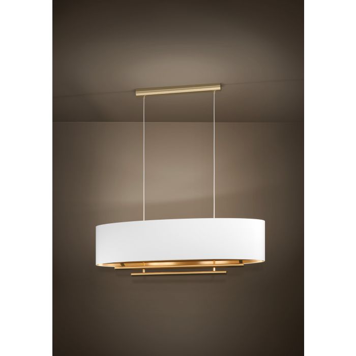 Load image into Gallery viewer, Candeeiro de Teto Suspenso PINETARA com Abajur Oval em Tecido Branco e Latão
